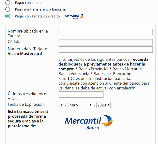 Botón de Pago del Banco Mercantil Venezuela para Prestashop